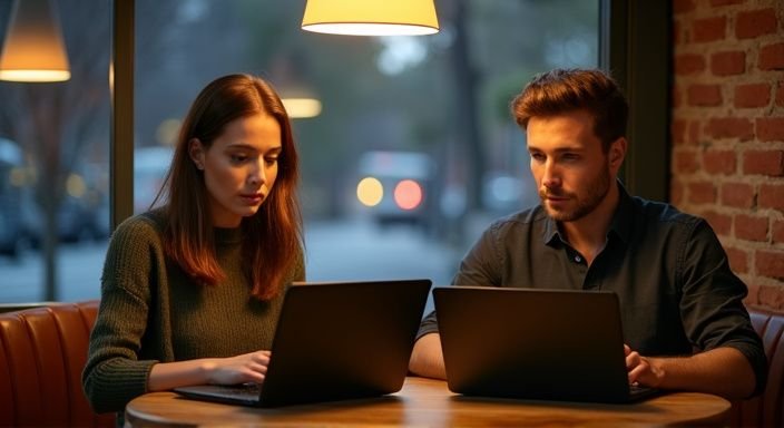 Ein Paar arbeitet konzentriert an Laptops in einem modernen Café. Ein Paar arbeitet konzentriert an Laptops in einem modernen Café und suche sexkontakt in der Schweiz.