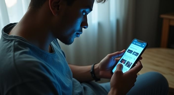 Eine Person scrollt konzentriert auf ihrem Smartphone nach BDSM-Inhalten. Eine Person scrollt konzentriert auf ihrem Smartphone nach BDSM-Inhalten.