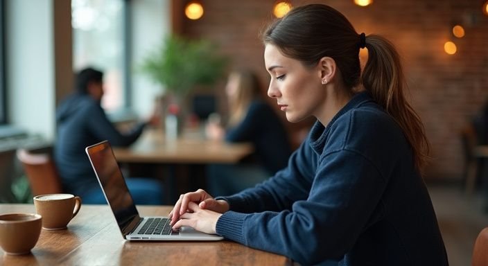 Eine Frau sitzt in einem Café und durchstöbert eine Dating Website für Sexkontakt in der Schweiz.