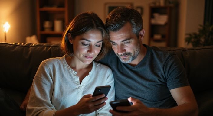 Ein Paar diskutiert entspannt über Treffen auf einem Ledersofa. Ein Paar diskutiert entspannt über Treffen auf einem Ledersofa und wollen sexkontakt in der Schweiz.