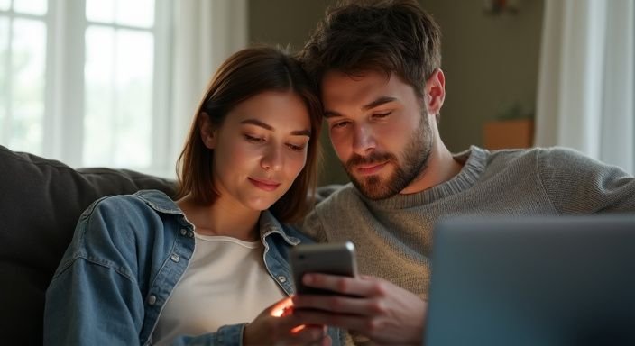 Ein Paar sitzt nah beieinander und konzentriert sich auf ein Handy. Ein Paar sitzt nah beieinander und konzentriert sich auf ein Handy.