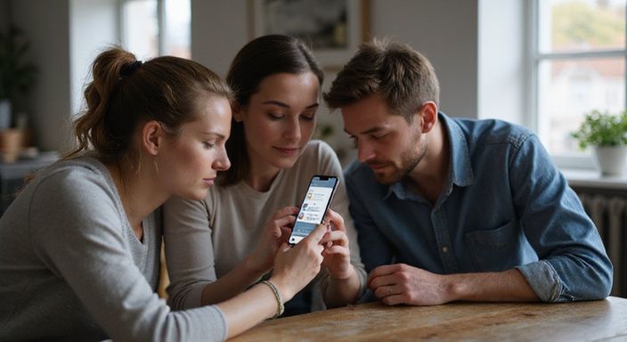 Eine Gruppe von Erwachsenen betrachtet konzentriert eine Smartphone-App und wollen sexkontakt in Solothurn.