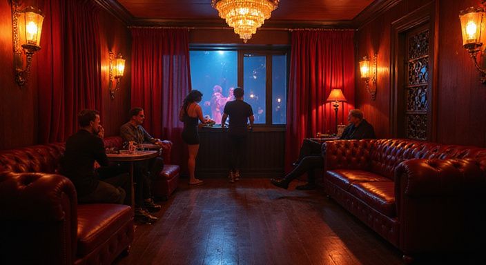 Ein eleganter Nachtclub mit Lounge-Bereich und BDSM-Ecke.
