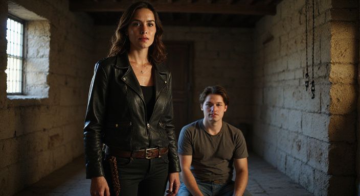 Eine Frau in Lederjacke steht an einem gefesselten Mann.