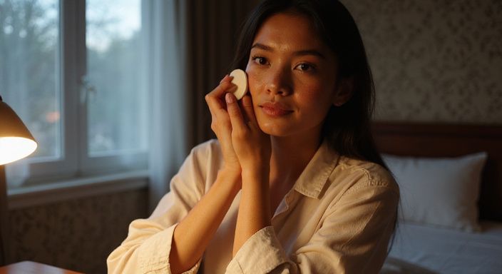 Eine junge Frau bereitet sich entspannt am Schminktisch vor.