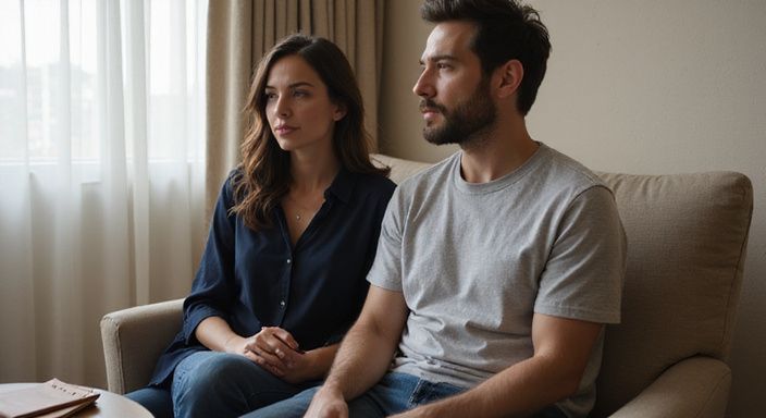 Ein Mann und eine Frau führen ein ruhiges Gespräch über sexkontakt in Solothurn in einem Hotelzimmer.