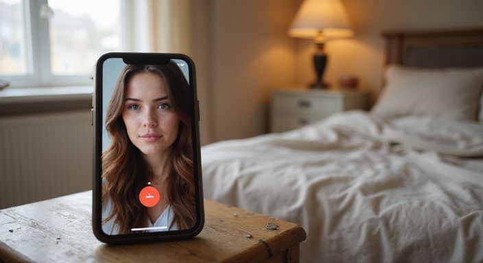 Ein Smartphone zeigt ein Videochat-Profilbild einer Frau.