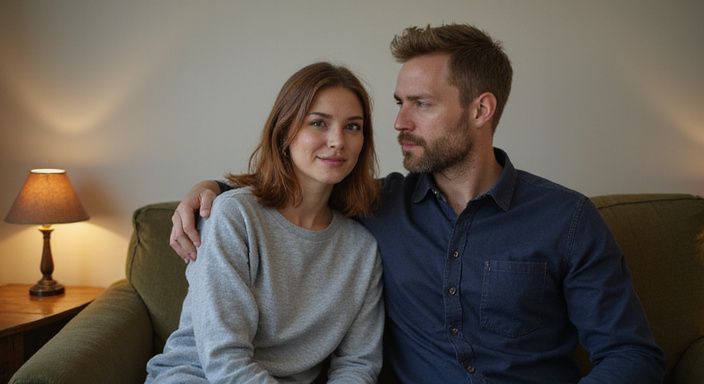 Ein Paar sitzt entspannt auf einem Loveseat in einem Hotelzimmer.