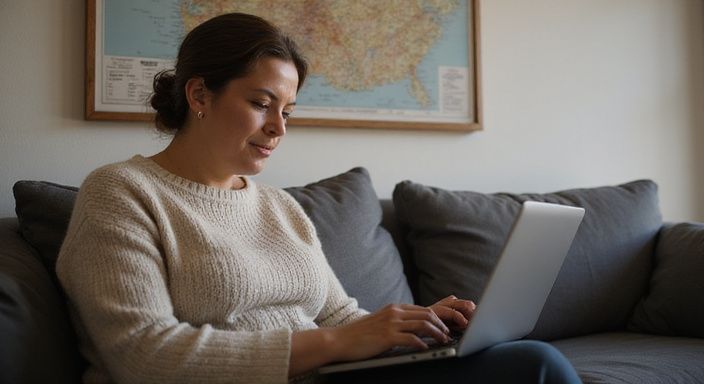 Eine mittelalte Frau sitzt entspannt auf einer Couch und arbeitet am Laptop. Eine mittelalte Frau sitzt entspannt auf einer Couch und arbeitet am Laptop.
