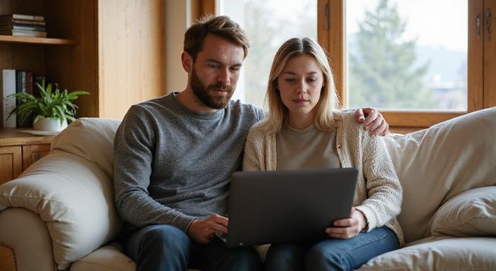 Ein Paar arbeitet konzentriert an einem Laptop auf einem Sofa. Ein Paar arbeitet konzentriert an einem Laptop auf einem Sofa und suche sexkontakt in Thurgau.