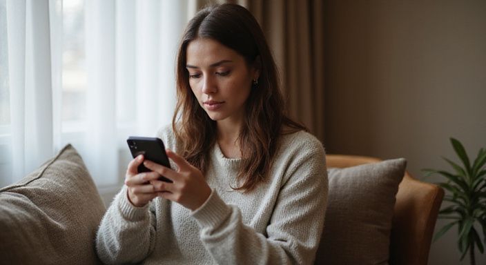 Eine Frau in einem gemütlichen Raum scrollt konzentriert auf ihrem Smartphone. Eine Frau in einem gemütlichen Raum scrollt konzentriert auf ihrem Smartphone.
