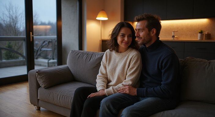 Ein Paar sitzt entspannt auf einer eleganten, modernen Couch. Ein Paar sitzt entspannt auf einer eleganten, modernen Couch.