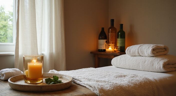 Ein ruhiger Massageraum mit eleganten Holzmöbeln und duftenden Ölen. Ein ruhiger Massageraum mit eleganten Holzmöbeln und duftenden Ölen.