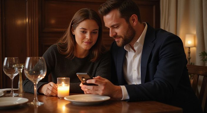 Ein Paar prüft Kreditkartendetails in einem eleganten Restaurant. Ein Paar prüft Kreditkartendetails in einem eleganten Restaurant.