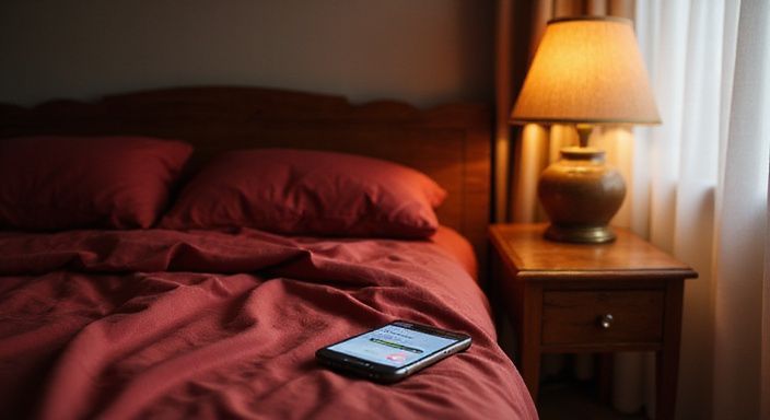 Ein einladendes Schlafzimmer mit einem roten Seidenbett und Smartphone. Ein einladendes Schlafzimmer mit einem roten Seidenbett und Smartphone.