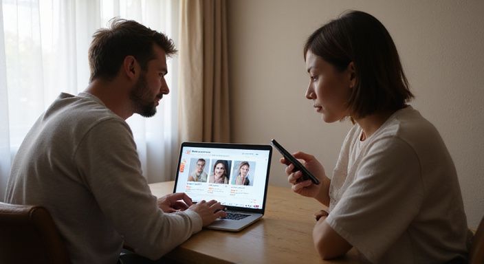 Ein Paar durchstöbert eine Website für Erwachsenenunterhaltung auf einem Laptop. Ein Paar durchstöbert eine Website für Erwachsenenunterhaltung auf einem Laptop und wollen sexkontakt in Thurgau.