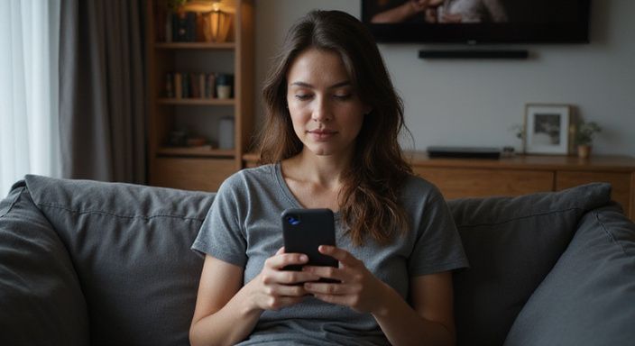 Eine Frau sitzt entspannt auf einer Couch und nutzt ihr Smartphone. Eine Frau sitzt entspannt auf einer Couch und nutzt ihr Smartphone und suche sexkontakt in Thurgau.