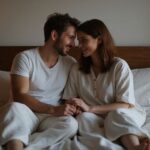 Ein Paar sitzt nah beieinander auf einem Bett und lächelt