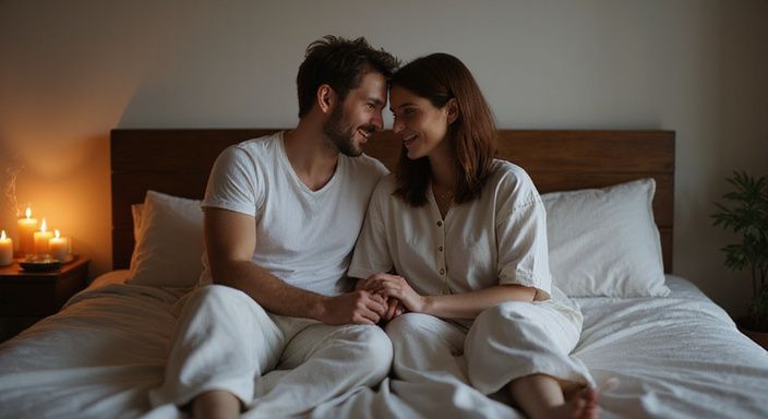 Ein Paar sitzt nah beieinander auf einem Bett und lächelt. Ein Paar sitzt nah beieinander auf einem Bett und lächelt.