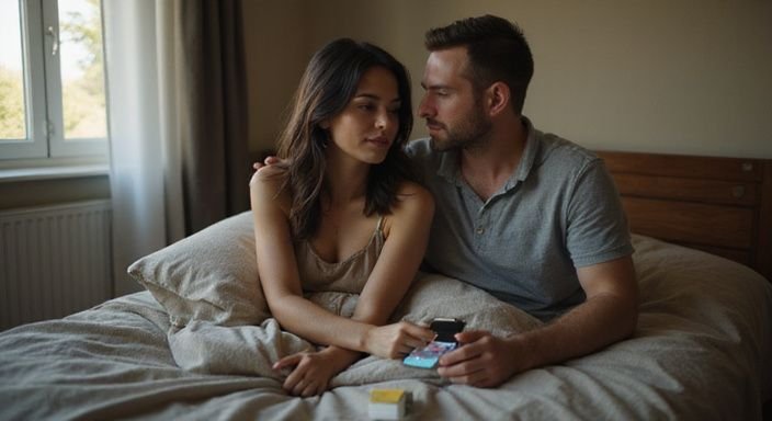 Ein Paar sitzt an einem Bett und teilt einen intimen Moment