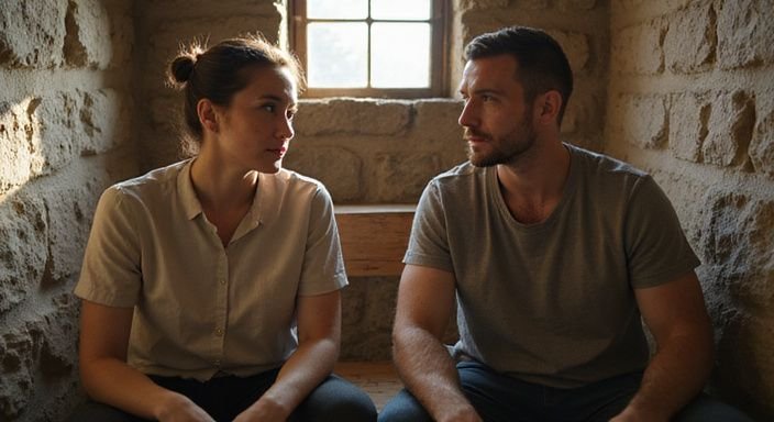 Ein Paar sitzt in einem schlichten Raum und kommuniziert einfühlsam. Ein Paar sitzt in einem schlichten Raum und kommuniziert einfühlsam.