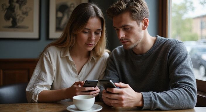 Ein Paar sitzt in einem Café und betrachtet konzentriert ihre Smartphones. Ein Paar sitzt in einem Café und betrachtet konzentriert ihre Smartphones.