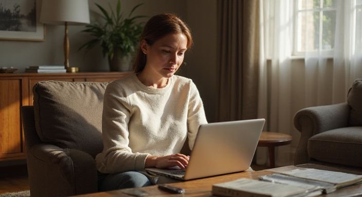 Eine Frau sitzt konzentriert mit einem Laptop in einem gemütlichen Raum. Eine Frau sitzt konzentriert mit einem Laptop in einem gemütlichen Raum.