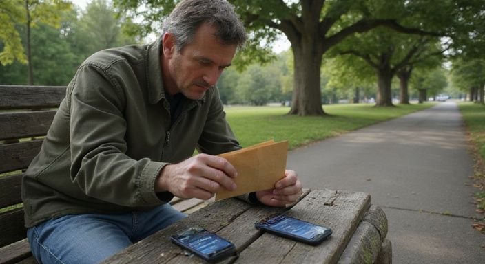 Eine Person übergibt vorsichtig einen unmarkierten Briefumschlag im Park. Eine Person übergibt vorsichtig einen unmarkierten Briefumschlag im Park.