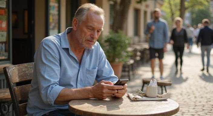 Ein nachdenklicher Mann nutzt sein Smartphone in einem Münchener Café. Ein nachdenklicher Mann nutzt sein Smartphone in einem Münchener Café.