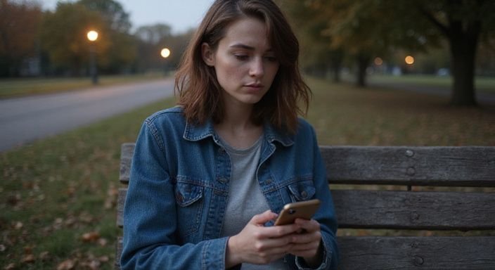 Eine junge Frau sitzt nachdenklich auf einer Parkbank und scrollt. Eine junge Frau sitzt nachdenklich auf einer Parkbank und scrollt.