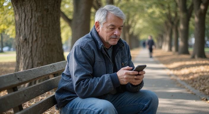 Ein nachdenklicher Mann scrollt auf einer Parkbank durch eine Chat-App. Ein nachdenklicher Mann scrollt auf einer Parkbank durch eine Chat-App.