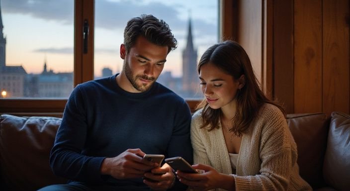 Ein Paar sitzt entspannt auf einem Sofa und nutzt Smartphones. Ein Paar sitzt entspannt auf einem Sofa und nutzt Smartphones.