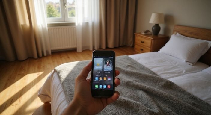 Eine Hand hält ein Smartphone in einem gemütlichen Schlafzimmer. Eine Hand hält ein Smartphone in einem gemütlichen Schlafzimmer.