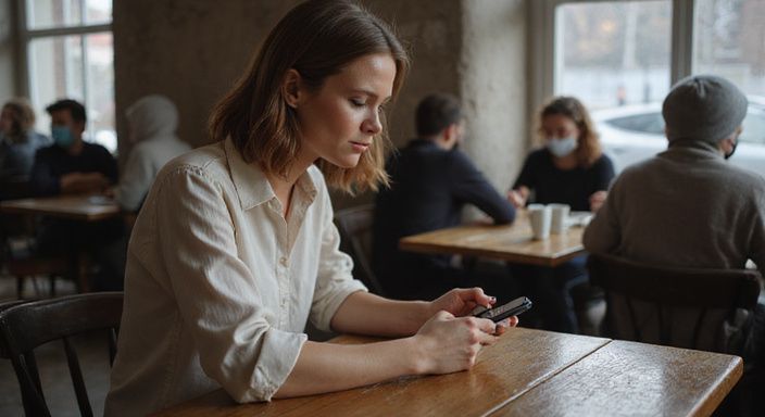Eine konzentrierte Frau in einem Café nutzt ihr Smartphone.