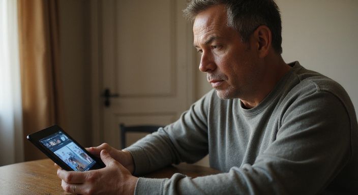 Eine Person scrollt konzentriert auf einem Tablet in einem ruhigen Raum und suche ein erotischer Kontakt in der Schweiz.