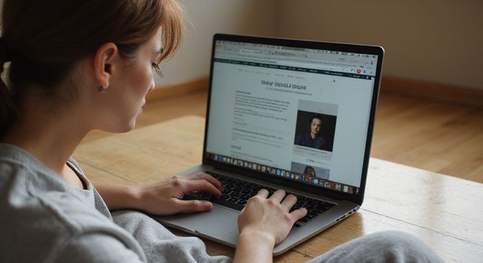 Eine Person konzentriert sich auf einen Laptop im gemütlichen Schlafzimmer.