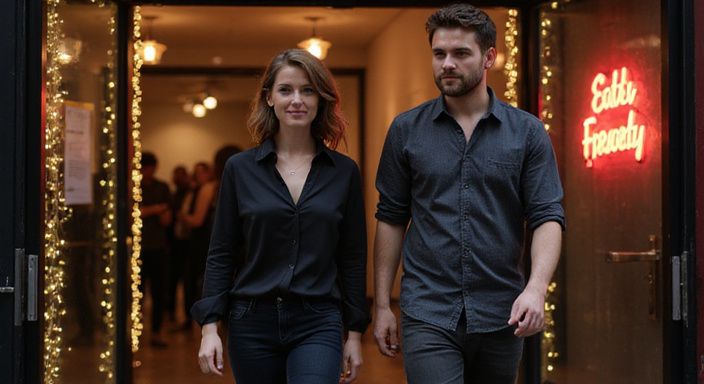 Ein Paar betritt aufgeregt einen schicken Nachtclub in Zürich.