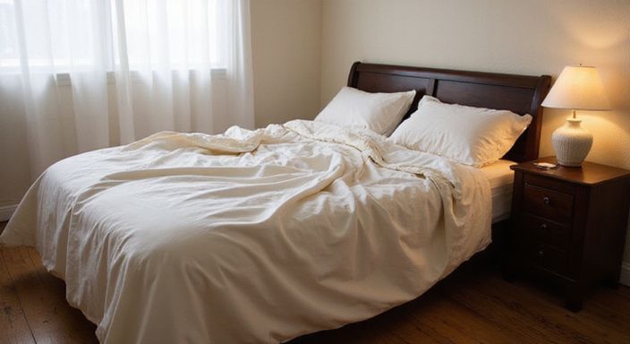 Ein einladendes, ruhiges Schlafzimmer mit ungemachtem Bett und Nachttisch.