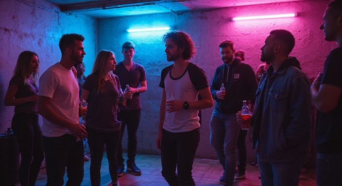 Eine lebendige Gruppe junger Erwachsener tanzt in einem Club.