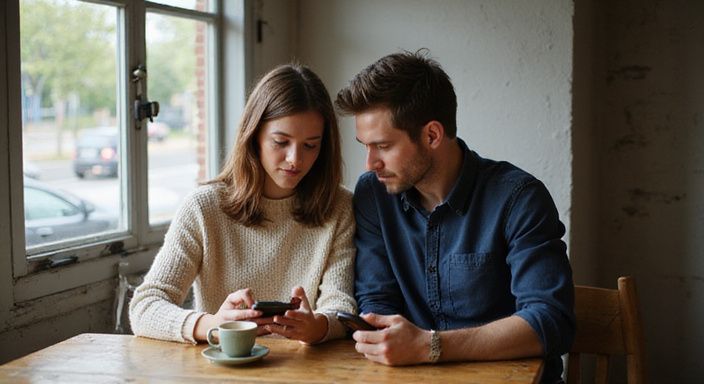 Ein Paar sitzt entspannt in einem Café und nutzt ihre Handys und wollen ein erotischer Kontakt in der Schweiz.