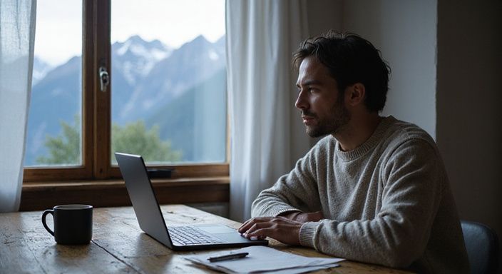Eine Person arbeitet konzentriert an einem Laptop in einem gemütlichen Schlafzimmer.
