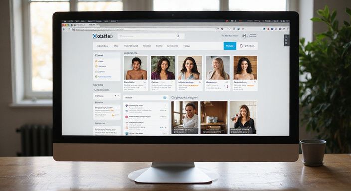 Ein moderner Computermonitor zeigt ein Website für erotischer Kontakt in der Schweiz auf einem Schreibtisch.