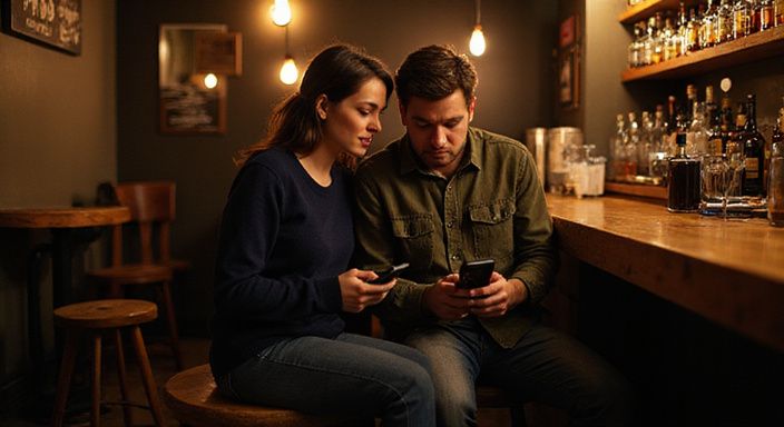 Ein Paar in einer Bar sitzt zusammen und nutzt Smartphones.