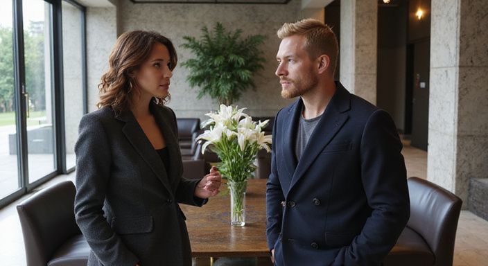 Ein Paar tauscht in einem eleganten Hotelblick voller gespannter Kommunikation aus.