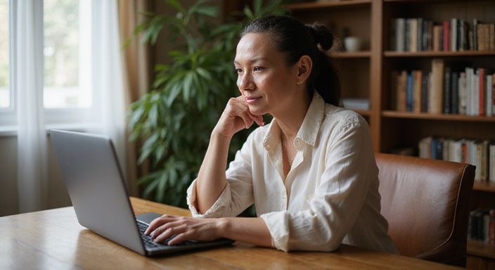 Eine mittelalterliche Frau suche auf ihrem Laptop nach MILF Sexkontakt.
