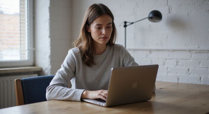 Eine Frau sitzt nachdenklich an einem minimalistischen Schreibtisch mit Laptop.