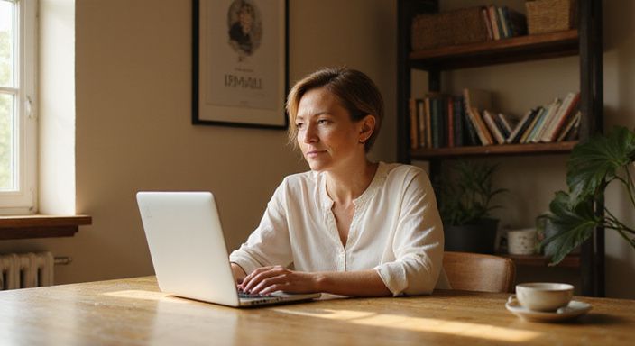 Eine mittelalte Frau sitzt konzentriert am Schreibtisch und tippt.