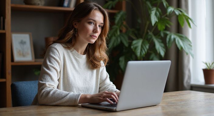 Eine Frau sitzt an einem Schreibtisch und arbeitet am Laptop.