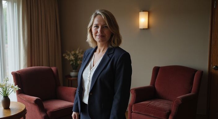 Eine elegante Frau in einem Hotel-Lobby mit luxuriösem Ambiente.