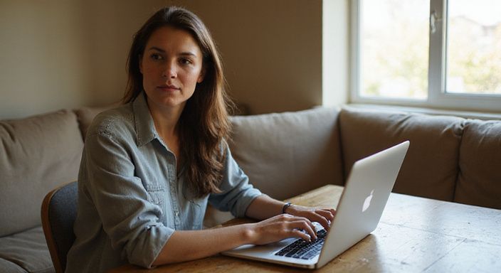 Eine Frau arbeitet an einem Laptop an einem Esstisch und suche MILF Sexkontakt.